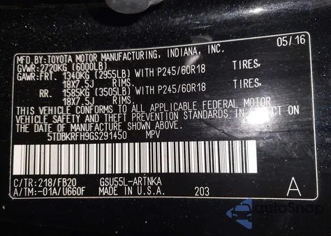 2016 Toyota Highlander Le V6 from USA, damaged, VIN 5TDBKRFH9GS291450